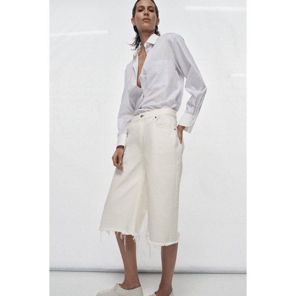 Zara ZW Collection Striped Shirt Contrast Collar Blue White Size S NWT
